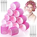 Spoken jumbo Hair Curlers Rollers, 24Pcs Set with 12 Hair Curlers Self Grip Holding Rollers and 12 Stainless Steel Duckbill Clips for Long Medium Short Thick Fine Thin Hair Bangs Volume (Pink)