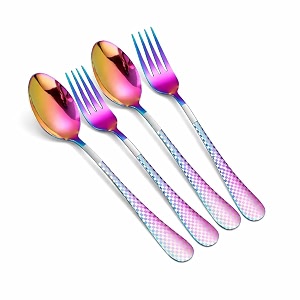 spoon and fork set  4-piece premium stainless steel cutlery set with checkered handle  stylish rainbow flatware for dining table travel parties amp daily use  dishwasher safe