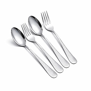 spoon and fork set  4-piece premium stainless steel cutlery set with checkered handle  stylish sterling silver flatware for dining table travel parties amp daily use  dishwasher safe