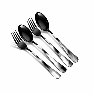spoon and fork set  4-piece premium stainless steel cutlery set with checkered handle  stylish charcoal black flatware for dining table travel parties amp daily use  dishwasher safe