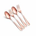 Spoon and Fork Set – 4-Piece Premium Stainless Steel Cutlery Set with Checkered Handle | Stylish Rosegold Flatware for Dining Table, Travel, Parties &amp; Daily Use – Dishwasher Safe