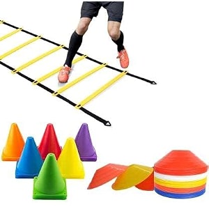 as sports agility training set 6 m ladder with 16 saucer cones and 6 marker cones - ideal for cricket football running and more pack of 2