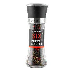 sprig gourmet six pepper medley 85g  expensive but authentic  chef39s choice  colourful amp flavourful  rainbow peppercorn blend  whole dried peppercorns black white pink green sichuan cubeb  glass pepper grinder bottle with adjustable coarseness