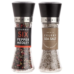 s p r i g salt amp pepper combo  six pepper medley 85g  celery sea salt 175g  for cooking seasoning and garnishing  no artificial flavours colours fillers or preservatives  pack of 2