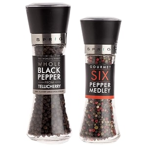 sprig gourmet six pepper medley rainbow peppercorns black white pink green sichuan cubeb 85g with glass grinder amp sprig tellicherry black pepper 100g high grade no artificial colors