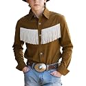 Spring&amp;Gege Western Boys' Button-Down Shirts Long Sleeve, Pearl Snap Shirt with Fringe (5-14 Years)