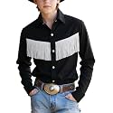 Spring&amp;Gege Western Boys' Button-Down Shirts Long Sleeve, Pearl Snap Shirt with Fringe (5-14 Years)
