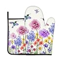 Spring Floral Oven Mitts and Pot Holders Sets - Beige Hummingbird Kitchen Mitts Potholders 2 Pack Heat Resistant Cute Butterfly Oven Gloves Hot Pads for Kitchen Baking Grilling Party