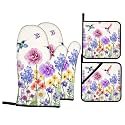 Spring Floral Oven Mitts and Pot Holders Sets - Beige Hummingbird Kitchen Mitts Potholders 4 Pack Heat Resistant Cute Butterfly Oven Gloves Hot Pads for Kitchen Baking Grilling Party