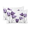 Spring Floral Satin Pillowcases King Size Set of 2 Cooling Purple Tulips Silk Pillow Cases for Hair and Skin Soft Zippered Summer Botanical Flowers Leaf Plant Throw Pillow Covers for Women Men 20"x36"