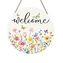 Spring Flowers Welcome Door Sign Colorful Floral Summer Door Hanger Home Decorations Spring Butterfly Wooden Hanging Sign Seasonal Farmhouse for Wall Porch 12x12 Inch