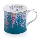 Spring Hummingbird Floral Coffee Mug, 12oz Dark Teal Ceramic Mug with Wisteria and Fluttering Hummingbird, Elegant Gift Mug for Mom, Women &amp; Bird Lovers, Designed in England by Harvest Green Studio