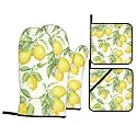 Spring Lemon Oven Mitts and Pot Holders Sets - Cute Botanical Kitchen Mitts Potholders 4 Pack Heat Resistant Beige Vintage Oven Gloves Hot Pads for Kitchen Baking Grilling Party