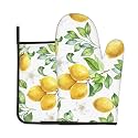 Spring Lemon Oven Mitts and Pot Holders Sets - Cute Botanical Kitchen Mitts Potholders 2 Pack Heat Resistant White Vintage Oven Gloves Hot Pads for Kitchen Baking Grilling Party