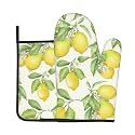 Spring Lemon Oven Mitts and Pot Holders Sets - Cute Botanical Kitchen Mitts Potholders 2 Pack Heat Resistant Beige Vintage Oven Gloves Hot Pads for Kitchen Baking Grilling Party