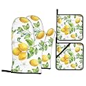 Spring Lemon Oven Mitts and Pot Holders Sets - Cute Botanical Kitchen Mitts Potholders 4 Pack Heat Resistant White Vintage Oven Gloves Hot Pads for Kitchen Baking Grilling Party