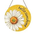 Spring Summer Daisy Flower Front Door Sign Hello Sunshine Floral Wood Door Hanger Outdoor Outside Porch Decor Seasonal Wooden Wreath Farmhouse Indoor Wall Hanging Decoration for House 12"x12"