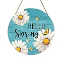 Spring Summer Daisy Flower Sign for Front Door Hello Spring Wall Hanging Sign 12"x12" Welcome Butterfly Wood Door Hanger Farmhouse Rustic Blue Floral Wreath Sign for Home Outdoor Outside Porch Decor
