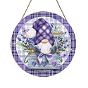 Spring Summer Gnome Lavender Flower Sign for Front Door 12"x12" Purple Floral Buffalo Plaid Wood Door Hanger for Outdoor Outside Porch Spring Summer Farmhouse Wooden Wreath for Wall Porch Yard