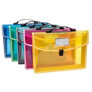sps file folder with carrying handle transparent poly-plastic a4foolscap documents file storage bag with buckle closure set of 3 assorted - with carrying handle