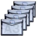 SPS File Folder, Transparent Poly-Plastic A3 Documents File Storage Bag with Snap Button Set of 5/Certificate File Folder (Black)