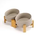 SPUNKYJUNKY 15° Slanted Ceramic Dog and Cat Bowl with Wooden Stand, Tilted Bulldog Food and Water Bowl No Slip Non-Spill for Cats Medium Dogs Big Face Pets 28.7 OZ (3.6 Cups, Grey × 2)