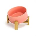 SPUNKYJUNKY 15° Slanted Ceramic Dog and Cat Bowl with Wooden Stand, Tilted Bulldog Food and Water Bowl No Slip Non-Spill for Cats Medium Dogs Big Face Pets 28.7 OZ (3.6 Cups,Pink)