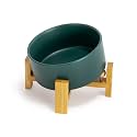 SPUNKYJUNKY 15° Slanted Ceramic Dog and Cat Bowl with Wooden Stand, Tilted Bulldog Food and Water Bowl No Slip Non-Spill for Cats Medium Dogs Big Face Pets 28.7 OZ (3.6 Cups, Green)