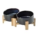 SPUNKYJUNKY 15° Slanted Ceramic Dog and Cat Bowl with Wooden Stand, Tilted Bulldog Food and Water Bowl No Slip Non-Spill for Cats Medium Dogs Big Face Pets 28.7 OZ (3.6 Cups, Starry Blue × 2)