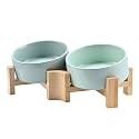SPUNKYJUNKY 15° Slanted Ceramic Dog and Cat Bowl with Wooden Stand, Tilted Bulldog Food and Water Bowl No Slip Non-Spill for Cats Medium Dogs Big Face Pets 13.5 OZ (1.7 Cups, Morandi Green × 2)