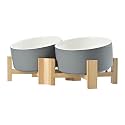 SPUNKYJUNKY 15° Slanted Ceramic Dog and Cat Bowl with Wooden Stand, Tilted Bulldog Food and Water Bowl No Slip Non-Spill for Cats Medium Dogs Big Face Pets 28.7 OZ (3.6 Cups, White-Grey × 2)
