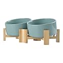 SPUNKYJUNKY 15° Slanted Ceramic Dog and Cat Bowl with Wooden Stand, Tilted Bulldog Food and Water Bowl No Slip Non-Spill for Cats Medium Dogs Big Face Pets 28.7 OZ (3.6 Cups, Light Green × 2)