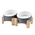 SPUNKYJUNKY 15° Slanted Ceramic Dog and Cat Bowl with Wooden Stand, Tilted Bulldog Food and Water Bowl No Slip Non-Spill for Cats Medium Dogs Big Face Pets 13.5 OZ (1.7 Cups, White-Grey × 2)
