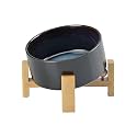 SPUNKYJUNKY 15° Slanted Ceramic Dog and Cat Bowl with Wooden Stand, Tilted Bulldog Food and Water Bowl No Slip Non-Spill for Cats Medium Dogs Big Face Pets 28.7 OZ (3.6 Cups, Starry Blue)