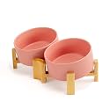 SPUNKYJUNKY 15° Slanted Ceramic Dog and Cat Bowl with Wooden Stand, Tilted Bulldog Food and Water Bowl No Slip Non-Spill for Cats Medium Dogs Big Face Pets 28.7 OZ (3.6 Cups, Pink × 2)