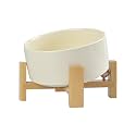 SPUNKYJUNKY 15° Slanted Ceramic Dog and Cat Bowl with Wooden Stand, Tilted Bulldog Food and Water Bowl No Slip Non-Spill for Cats Medium Dogs Big Face Pets 28.7 OZ (3.6 Cups, Beige)