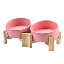 SPUNKYJUNKY 15° Slanted Ceramic Dog and Cat Bowl with Wooden Stand, Tilted Bulldog Food and Water Bowl No Slip Non-Spill for Cats Medium Dogs Big Face Pets 13.5 OZ (1.7 Cups, Pink × 2)