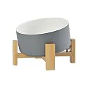 SPUNKYJUNKY 15° Slanted Ceramic Dog and Cat Bowl with Wooden Stand, Tilted Bulldog Food and Water Bowl No Slip Non-Spill for Cats Medium Dogs Big Face Pets 28.7 OZ (3.6 Cups, White-Grey)