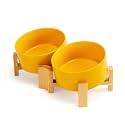 SPUNKYJUNKY 15° Slanted Ceramic Dog and Cat Bowl with Wooden Stand, Tilted Bulldog Food and Water Bowl No Slip Non-Spill for Cats Medium Dogs Big Face Pets 28.7 OZ (3.6 Cups, Yellow × 2)