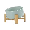 SPUNKYJUNKY 15° Slanted Ceramic Dog and Cat Bowl with Wooden Stand, Tilted Bulldog Food and Water Bowl No Slip Non-Spill for Cats Medium Dogs Big Face Pets 28.7 OZ (3.6 Cups, Morandi Green)