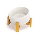 SPUNKYJUNKY 15° Slanted Ceramic Dog and Cat Bowl with Wooden Stand, Tilted Bulldog Food and Water Bowl No Slip Non-Spill for Cats Medium Dogs Big Face Pets 28.7 OZ (3.6 Cups, White)
