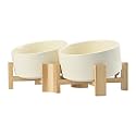 SPUNKYJUNKY 15° Slanted Ceramic Dog and Cat Bowl with Wooden Stand, Tilted Bulldog Food and Water Bowl No Slip Non-Spill for Cats Medium Dogs Big Face Pets 28.7 OZ (3.6 Cups, Beige × 2)