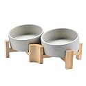 SPUNKYJUNKY 15° Slanted Ceramic Dog and Cat Bowl with Wooden Stand, Tilted Bulldog Food and Water Bowl No Slip Non-Spill for Cats Medium Dogs Big Face Pets 13.5 OZ (1.7 Cups, Grey × 2)