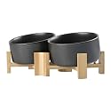 SPUNKYJUNKY 15° Slanted Ceramic Dog and Cat Bowl with Wooden Stand, Tilted Bulldog Food and Water Bowl No Slip Non-Spill for Cats Medium Dogs Big Face Pets 28.7 OZ (3.6 Cups, Black × 2)