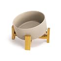 SPUNKYJUNKY 15° Slanted Ceramic Dog and Cat Bowl with Wooden Stand, Tilted Bulldog Food and Water Bowl No Slip Non-Spill for Cats Medium Dogs Big Face Pets 28.7 OZ (3.6 Cups, Grey)