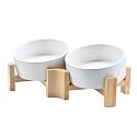 SPUNKYJUNKY 15° Slanted Ceramic Dog and Cat Bowl with Wooden Stand, Tilted Bulldog Food and Water Bowl No Slip Non-Spill for Cats Medium Dogs Big Face Pets 13.5 OZ (1.7 Cups, White × 2)