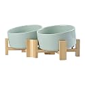 SPUNKYJUNKY 15° Slanted Ceramic Dog and Cat Bowl with Wooden Stand, Tilted Bulldog Food and Water Bowl No Slip Non-Spill for Cats Medium Dogs Big Face Pets 28.7 OZ (3.6 Cups, Morandi Green × 2)