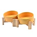 SPUNKYJUNKY 15° Slanted Ceramic Dog and Cat Bowl with Wooden Stand, Tilted Bulldog Food and Water Bowl No Slip Non-Spill for Cats Medium Dogs Big Face Pets 13.5 OZ (1.7 Cups, Yellow × 2)
