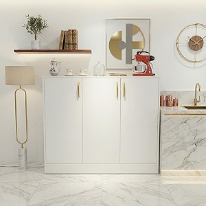 spyder craft modern engineered wood sideboard amp crockery cabinet - 3-door storage organizer with gold-finish handles and geometric pattern for living room kitchen and office white
