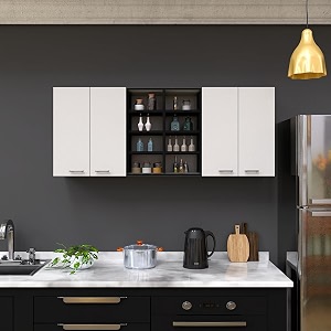 spyder craft 4-door wall-hanging multi purpose kitchen cabinet storage organizer utensile storage or office cabinet with mid shelves - white amp black  finish 60x150x30cm 1-year warranty